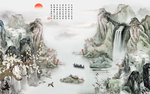 中式水墨流水生财电视背景墙