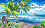 海景椰子树风景画背景墙