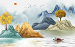金色背景墙山水画 tif分层
