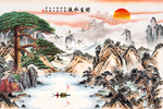 中式迎客松山水流水生财背景墙图