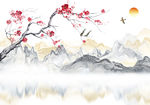 新中式工笔梅花水墨山水壁画背景