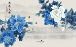 蓝色牡丹电视墙背景