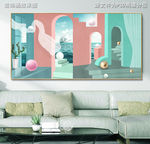 3D几何建筑莫兰迪色现代油画