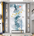 新中式山水大理石复式楼玄关壁画