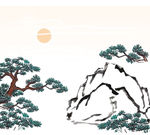 中国风迎客松夕阳风景画插画