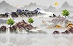 国画山水抽象树电视背景墙