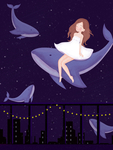 星空中的鲸鱼与女孩治愈系插画