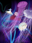 梦幻少女与水母治愈插画设计