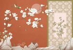 新中式古典花鸟花窗酒店壁画背景
