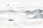 蓝色新中式禅意山水微晶石背景墙