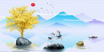 新中式麋鹿山水抽象晶瓷画装饰画