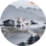 新中式麋鹿山水圆形晶瓷画装饰画