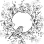 桃花鸟矢量素描插画