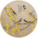中式手绘银杏花鸟圆形装饰画