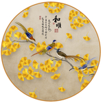中式手绘银杏花鸟圆形装饰画