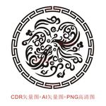 中式古典回纹边框圆形龙凤雕刻图