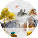 石来运转麋鹿山水圆形晶瓷装饰画