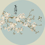 新中式手绘玉兰花鸟圆形装饰画