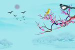 桃花喜鹊山水画