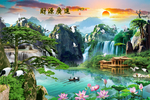 流水生财风景山水背景墙