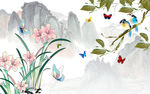 玉兰花鸟背景墙装饰画