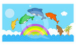 卡通多彩海豚矢量插图背景