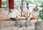 公园对弈水彩画