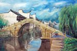 浙江嘉兴石桥水彩画