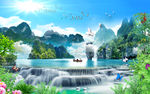 山水画万里河山流水背景墙