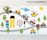 北欧手绘马路汽车儿童背景墙