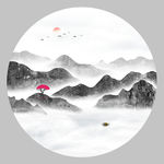 圆形水墨山水画