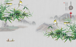 新中式山水竹叶小鸟背景