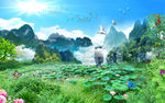 山水荷花池风景中式电视背景墙