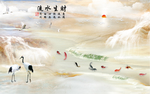 流水生财九鱼图大理石背景墙