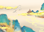 金色山水仙鹤背景墙