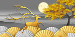 新中式抽象山水发财树三联晶瓷画