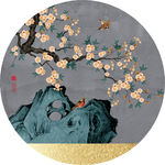 太湖石花鸟中式客厅装饰画晶瓷画