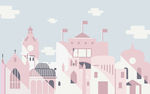 北欧手绘卡通城堡粉色背景