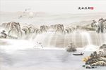 新中式国画山水流水生财背景墙