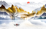 新中式麋鹿山水背景