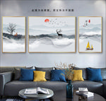 中式烟雾山水三联画