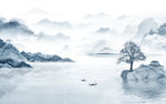 中式蓝色新山水画 文件分层画