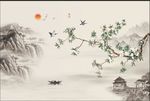 新中式国画山水花鸟背景墙