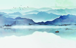 蓝色水墨山水背景墙