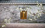 新中式复古砖墙意境玉兰花鸟背图