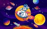 卡通宇航员月球儿童房间壁画