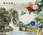 流水生财牡丹花背景墙