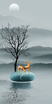 现代蓝色简约麋鹿山水分层画