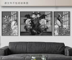 欧式复古花瓶油画三联画