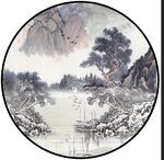 山水情水墨迎客松装饰画小桥流水